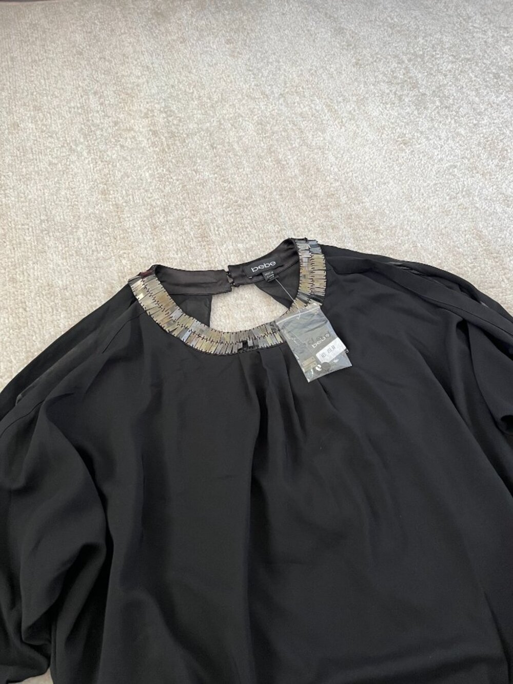 NWT Bebe Sheer Sequin Cold Shoulder Going Out Black Blouse Top XXS Y2K - Picture 3 of 11